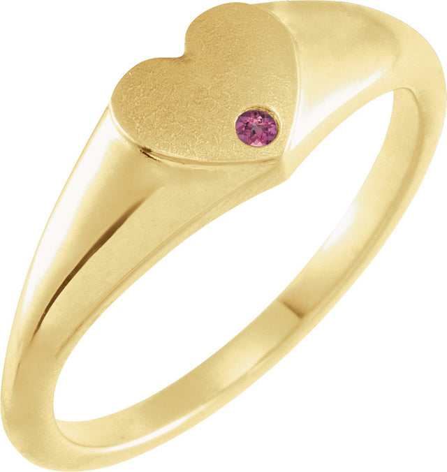 14K Gold Round Natural Pink Tourmaline Heart Signet Ring - Yellow Gold