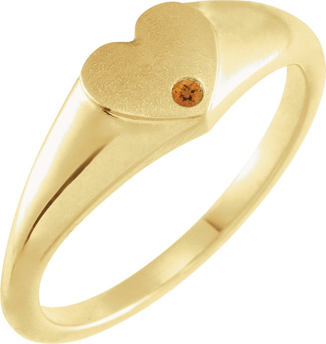 14K Gold Round Natural Citrine Heart Signet Ring - Yellow Gold