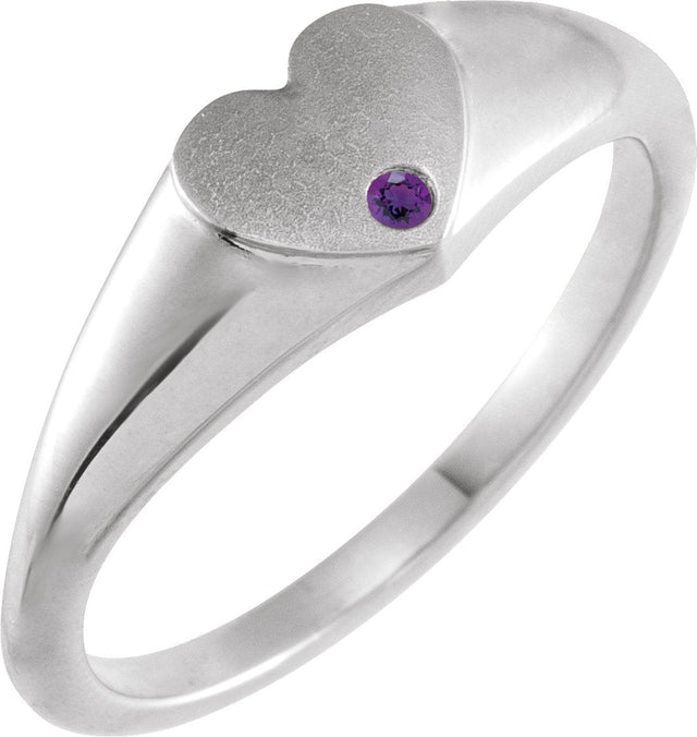 Platinum Round Natural Amethyst Heart Signet Ring