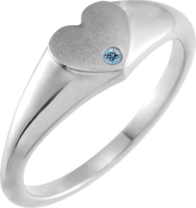 Platinum Round Natural Aquamarine Heart Signet Ring