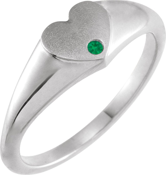 Platinum Round Natural Emerald Heart Signet Ring