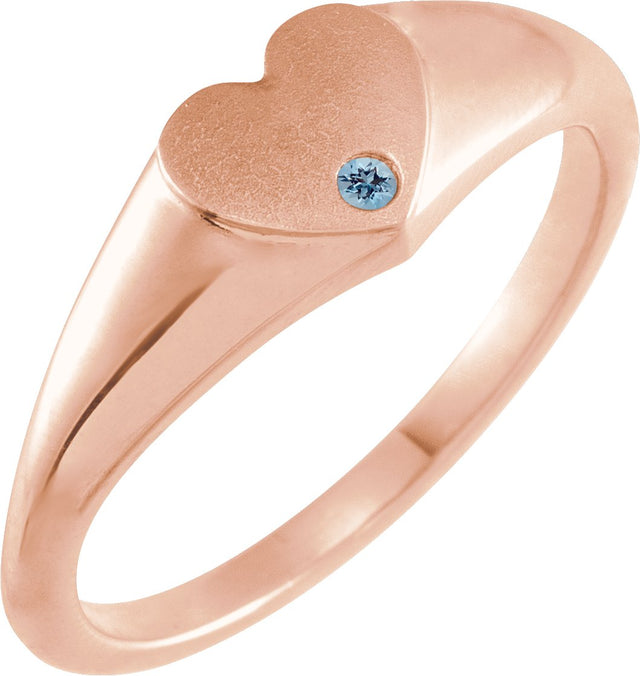 14K Gold Round Natural Aquamarine Heart Signet Ring - Rose Gold