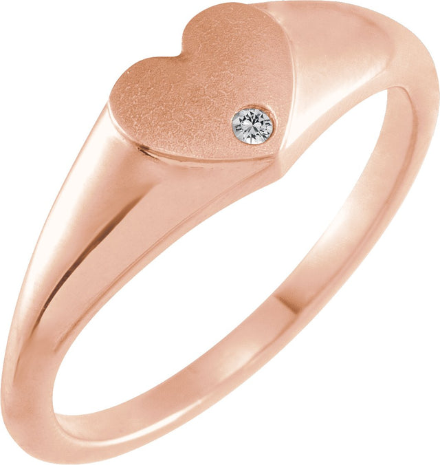 14K Gold Round Natural White Sapphire Heart Signet Ring - Rose Gold