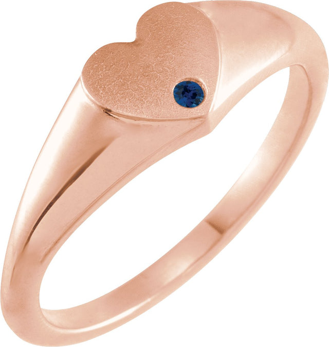 14K Gold Round Natural Blue Sapphire Heart Signet Ring - Rose Gold