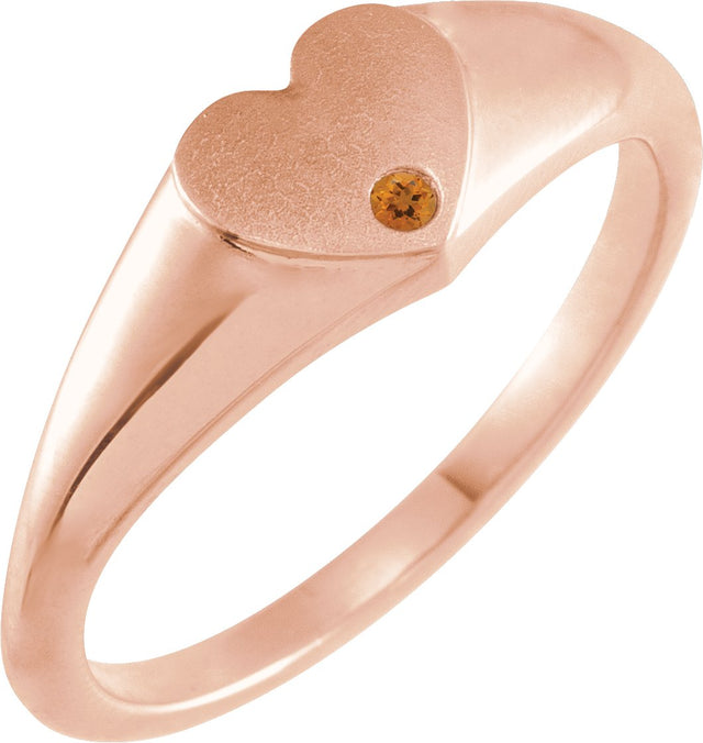 14K Gold Round Natural Citrine Heart Signet Ring - Rose Gold