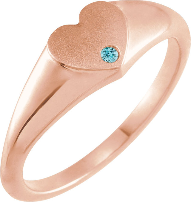 14K Gold Round Natural Blue Zircon Heart Signet Ring - Rose Gold