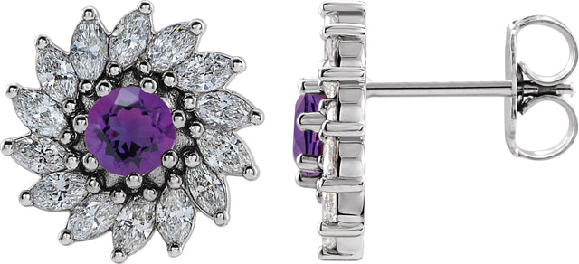 Platinum Natural Amethyst & Natural Diamond Round 7-Prong Halo-Style Earrings