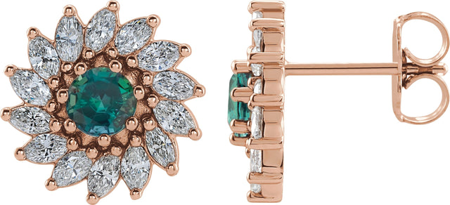 14K Gold Lab-Grown Alexandrite & Natural Diamond Round 7-Prong Halo-Style Earrings - Rose Gold