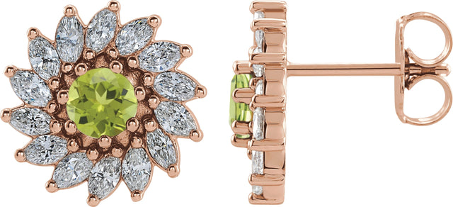 14K Gold Natural Peridot & Natural Diamond Round 7-Prong Halo-Style Earrings - Rose Gold