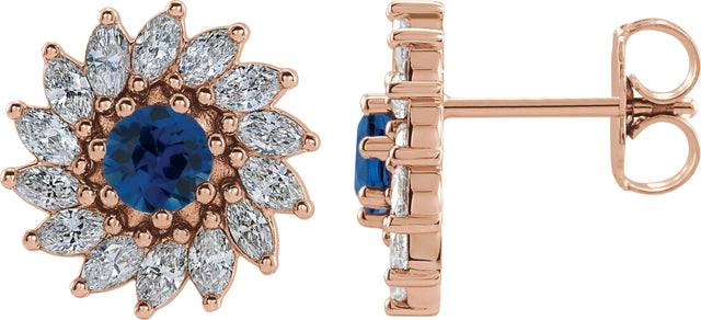 14K Gold Lab-Grown Blue Sapphire & Natural Diamond Round 7-Prong Halo-Style Earrings - Rose Gold