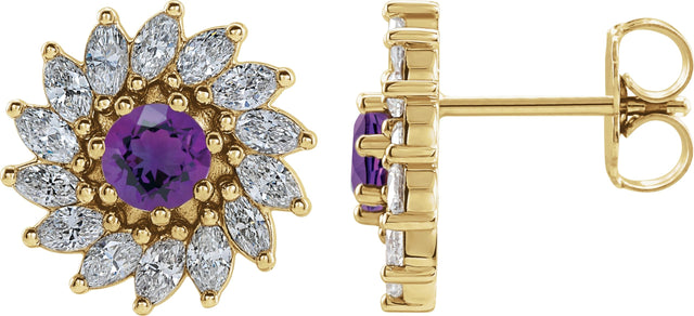 14K Gold Natural Amethyst & Natural Diamond Round 7-Prong Halo-Style Earrings - Yellow Gold