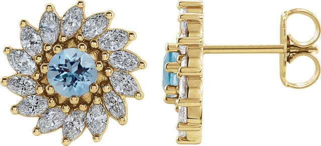 14K Gold Natural Aquamarine & Natural Diamond Round 7-Prong Halo-Style Earrings - Yellow Gold