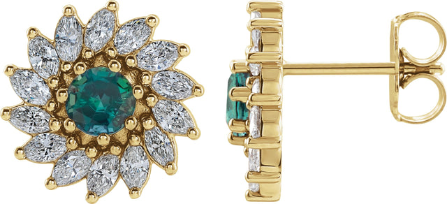 14K Gold Natural Alexandrite & Natural Diamond Round 7-Prong Halo-Style Earrings - Yellow Gold