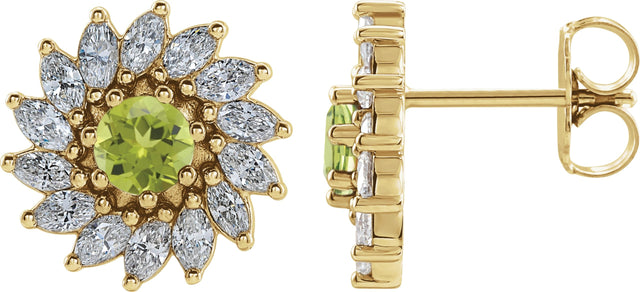 14K Gold Natural Peridot & Natural Diamond Round 7-Prong Halo-Style Earrings - Yellow Gold