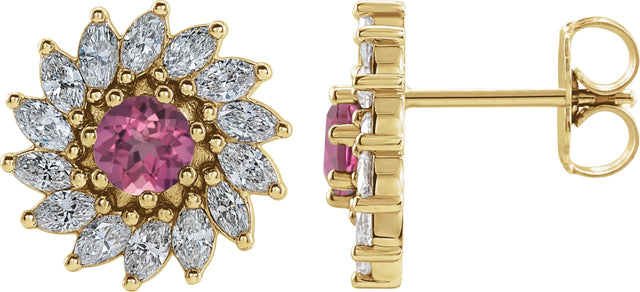 14K Gold Natural Pink Tourmaline & Natural Diamond Round 7-Prong Halo-Style Earrings - Yellow Gold