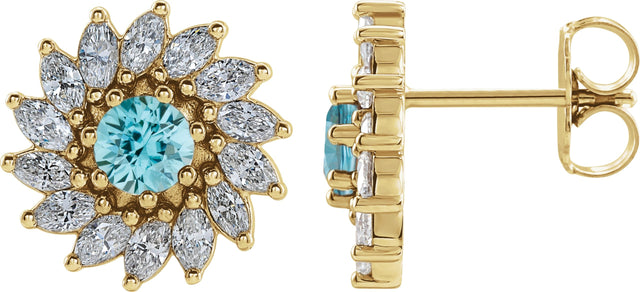 14K Gold Natural Blue Zircon & Natural Diamond Round 7-Prong Halo-Style Earrings - Yellow Gold