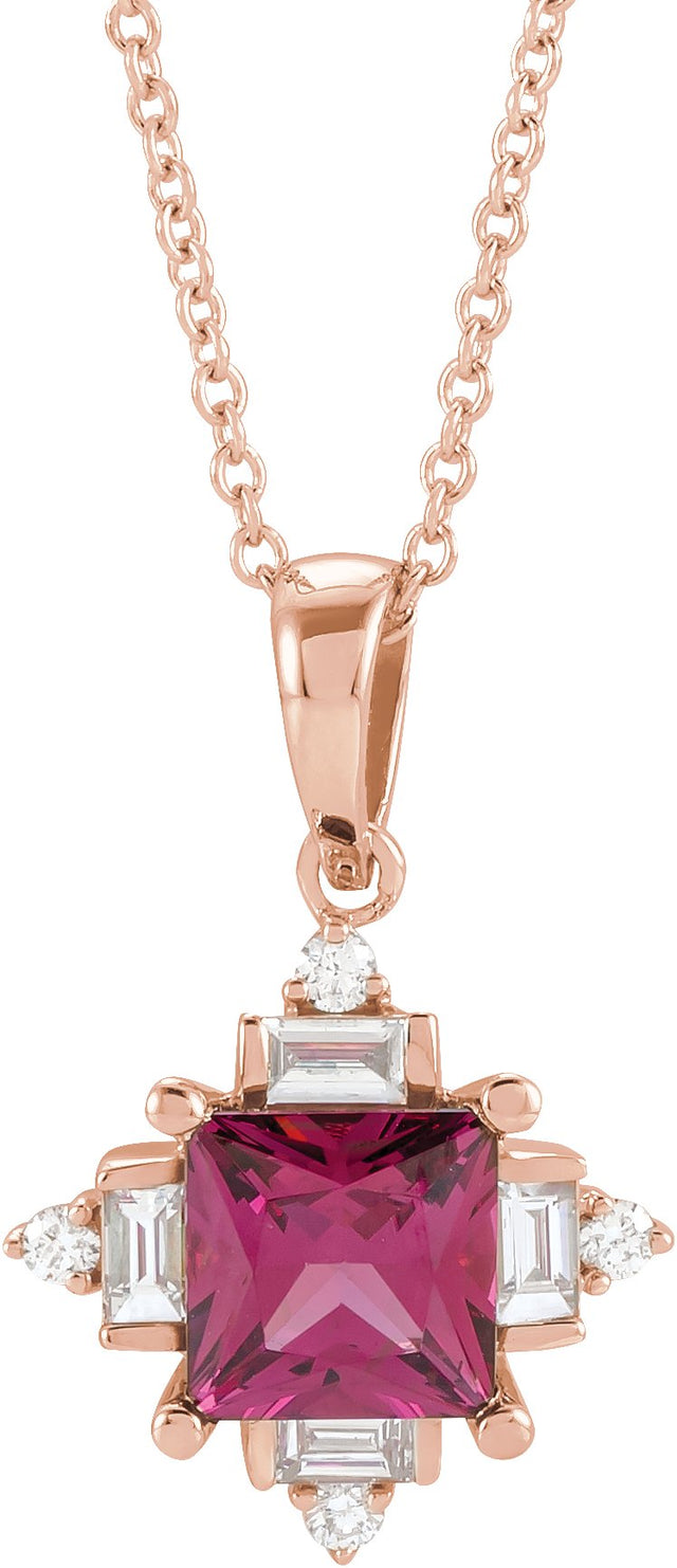 14K Gold Square Natural Rhodolite Garnet & Natural Diamond Geometric Necklace or Pendant – 1/5 CTW - Rose Gold