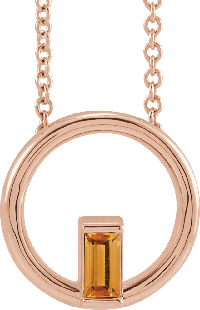 14K Gold Natural Citrine Straight Baguette Circle Necklace or Pendant - Rose Gold