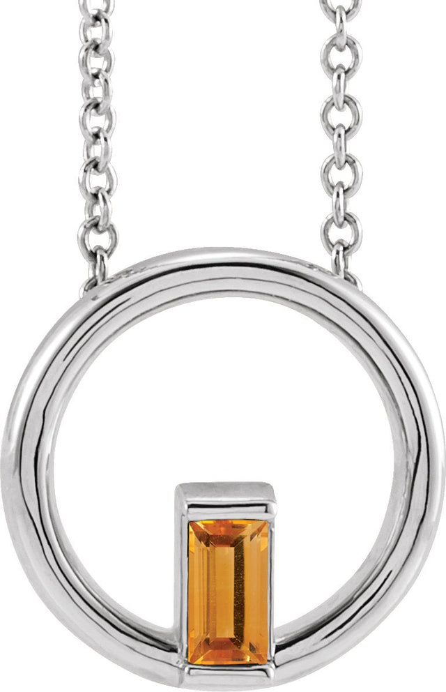 Platinum Natural Citrine Straight Baguette Circle Necklace or Pendant