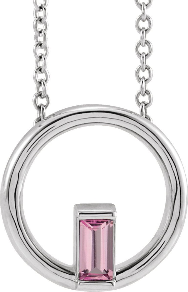 Platinum Natural Pink Tourmaline Straight Baguette Circle Necklace or Pendant