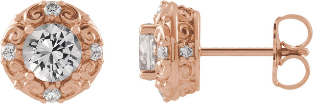 14K Gold Natural White Sapphire & Natural Diamond Round 4-Prong Halo-Style Earrings - Rose Gold