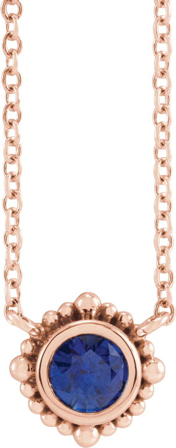 14K Gold Round Natural Blue Sapphire Beaded Bezel-Set Necklace - Rose Gold