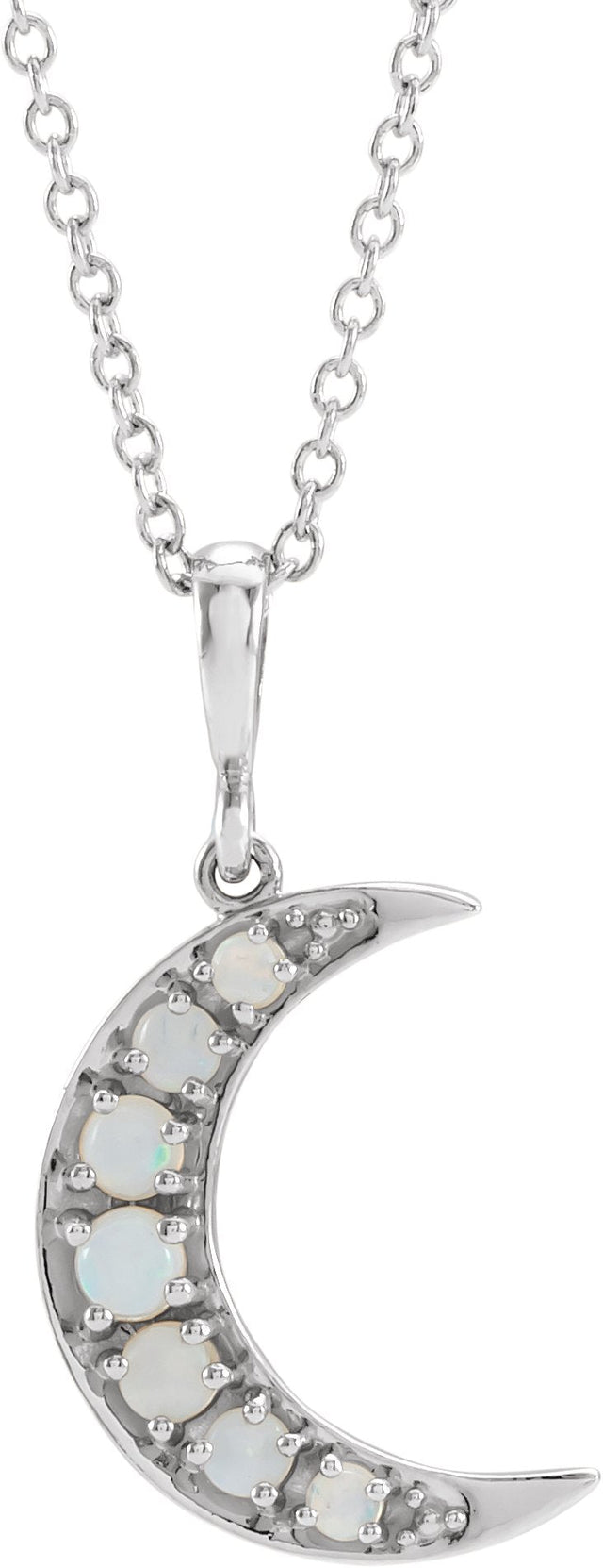 14K Gold Round Natural White Opal Cabochon Crescent Moon Necklace or Pendant - White Gold