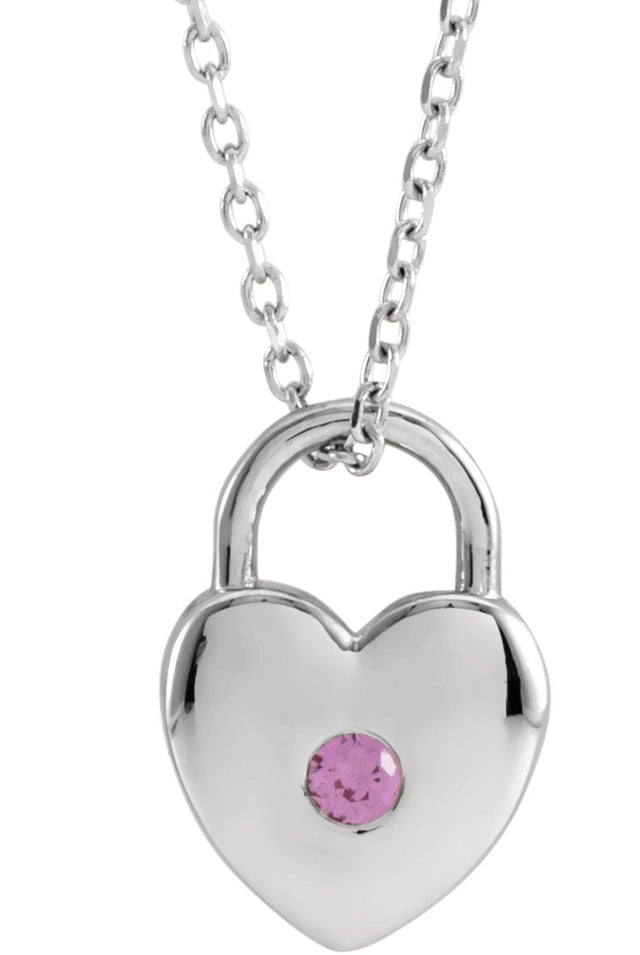14K Gold Round Natural Pink Sapphire Heart Lock Necklace or Pendant - White Gold