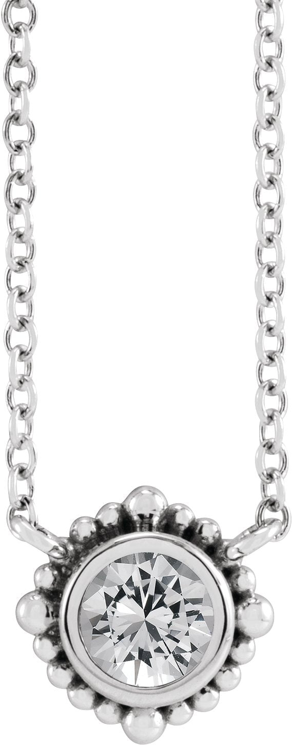 14K Gold Round Natural White Sapphire Beaded Bezel-Set Necklace - White Gold