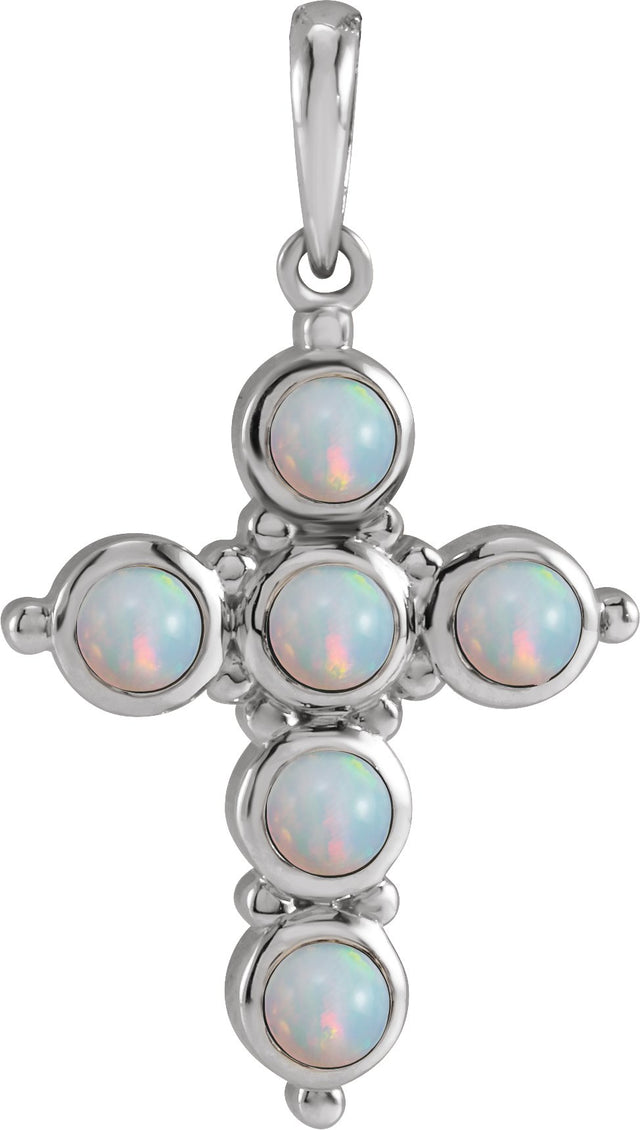 Platinum Round Natural White Ethiopian Opal Cabochon Cross Necklace or Pendant