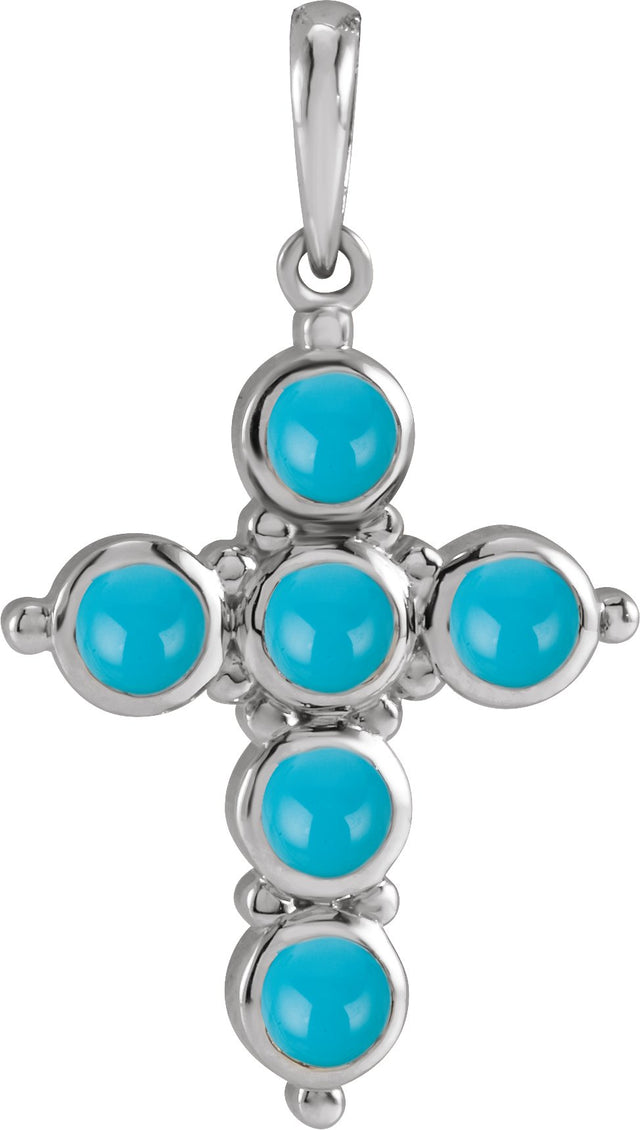14K Gold Round Natural Turquoise Cabochon Cross Necklace or Pendant - White Gold