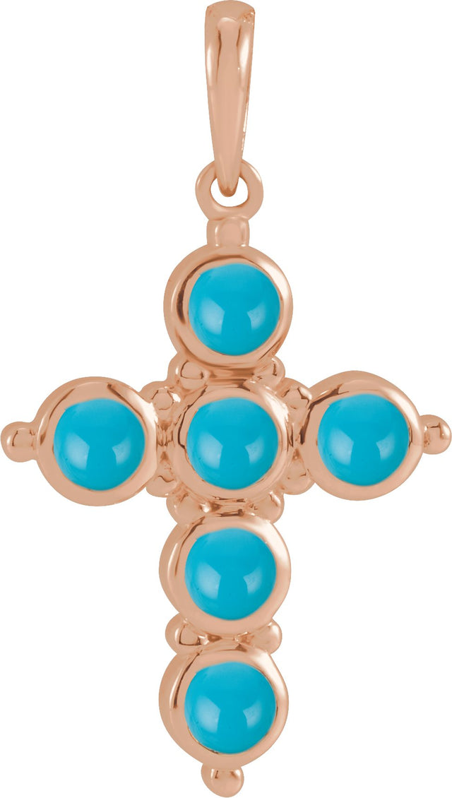 14K Gold Round Natural Turquoise Cabochon Cross Necklace or Pendant - Rose Gold