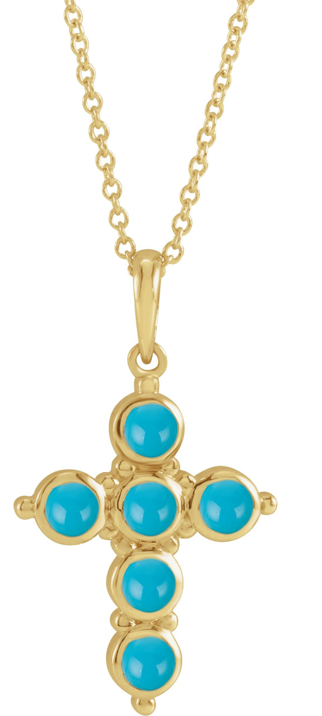 14K Gold Round Natural Turquoise Cabochon Cross Necklace or Pendant - Yellow Gold