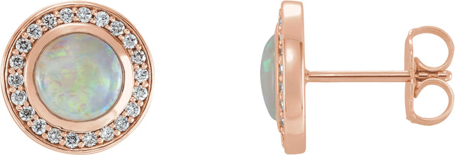14K Gold Round Natural Opal & Natural Diamond Halo-Style Earrings