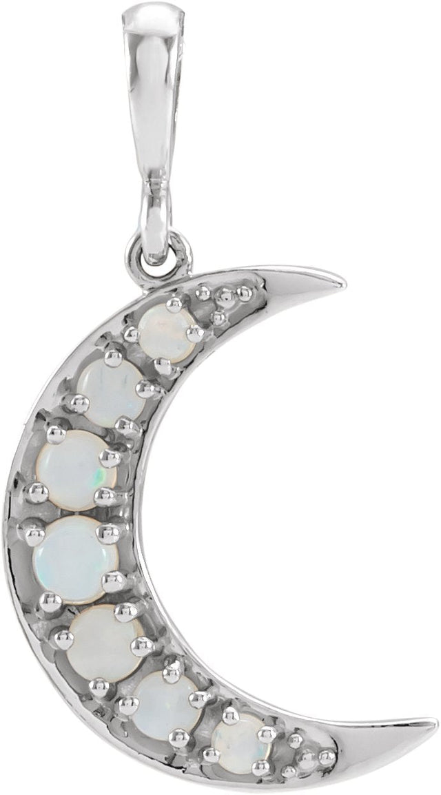 14K Gold Round Natural White Opal Cabochon Crescent Moon Necklace or Pendant - White Gold