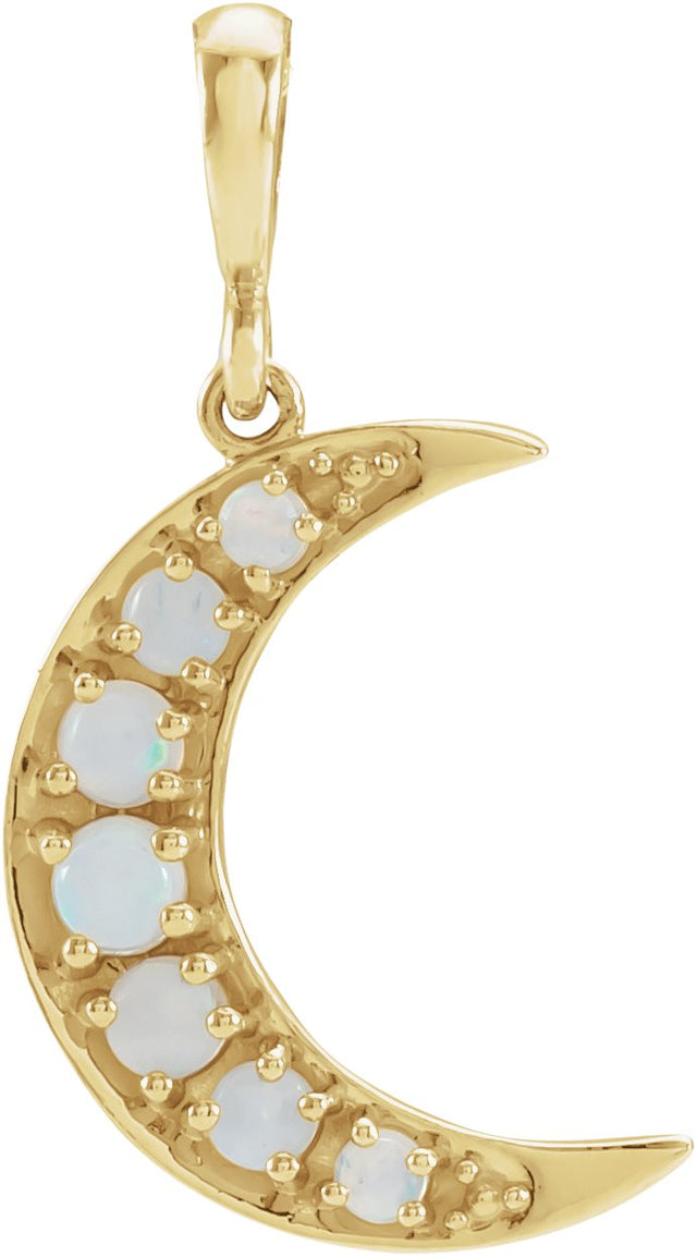 14K Gold Round Natural White Opal Cabochon Crescent Moon Necklace or Pendant - Yellow Gold