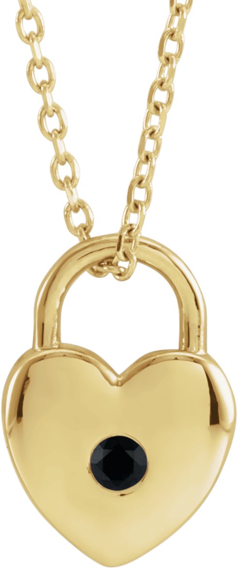 14K Gold Round Natural Black Spinel Heart Lock Necklace or Pendant - Yellow Gold