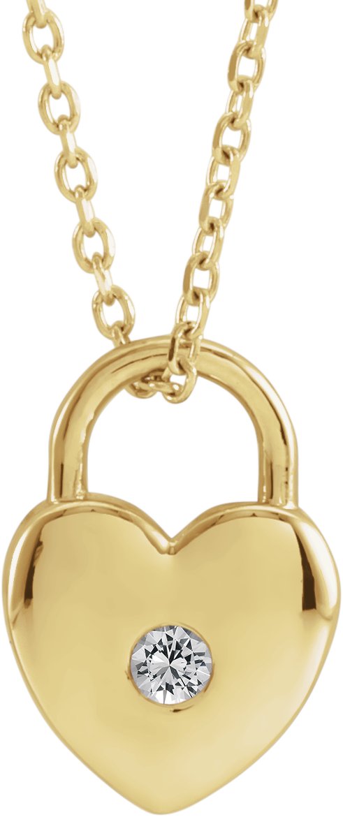 14K Gold Round Natural White Sapphire Heart Lock Necklace or Pendant - Yellow Gold