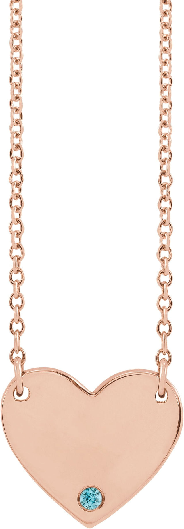 14K Gold Round Natural Blue Zircon Engravable Heart Necklace - Rose Gold