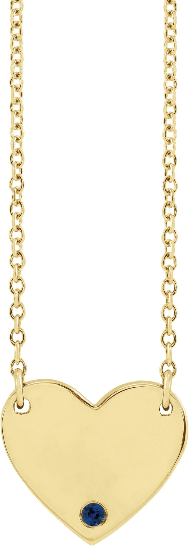 14K Gold Round Natural Blue Sapphire Engravable Heart Necklace - Yellow Gold