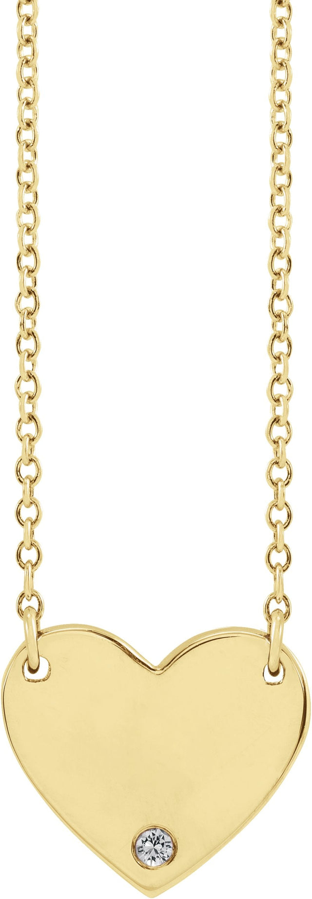 14K Gold Round Natural White Sapphire Engravable Heart Necklace - Yellow Gold
