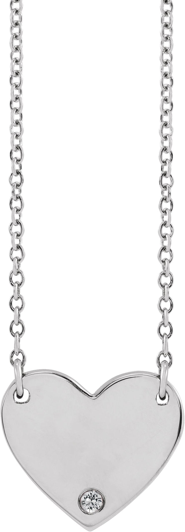 14K Gold Round Natural White Sapphire Engravable Heart Necklace - White Gold