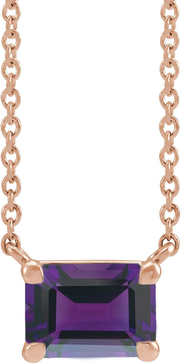 14K Gold Natural Amethyst Emerald Claw-Prong Solitaire Necklace - Rose Gold
