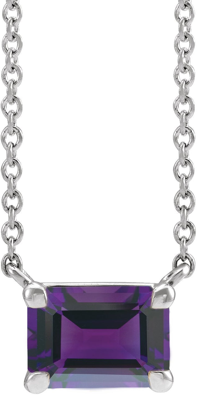Platinum Natural Amethyst Emerald Claw-Prong Solitaire Necklace