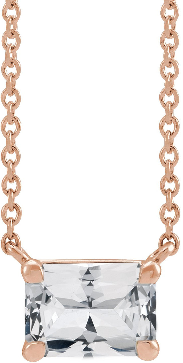 14K Gold Natural White Sapphire Emerald Claw-Prong Solitaire Necklace - Rose Gold