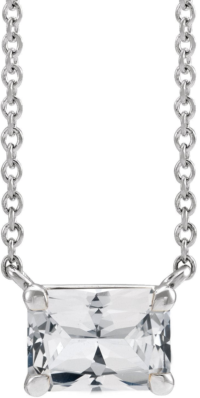Platinum Natural White Sapphire Emerald Claw-Prong Solitaire Necklace