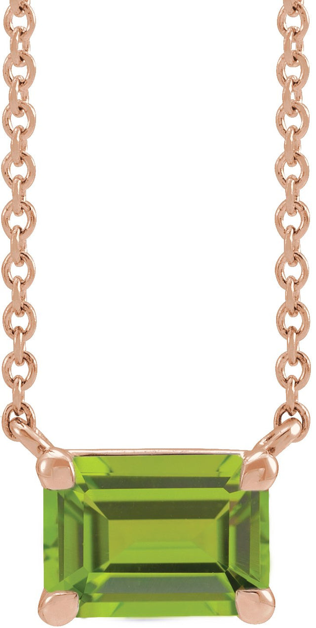 14K Gold Natural Peridot Emerald Claw-Prong Solitaire Necklace - Rose Gold