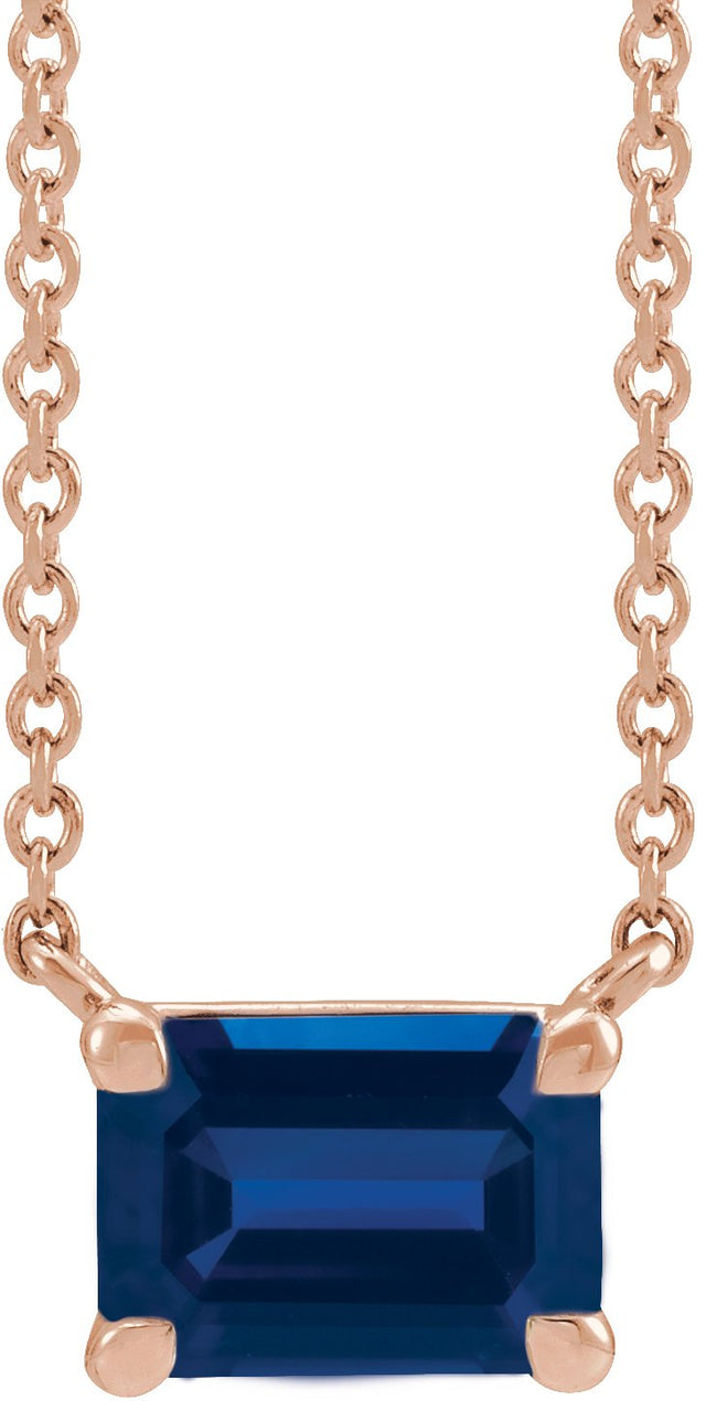 14K Gold Lab-Grown Blue Sapphire Emerald Claw-Prong Solitaire Necklace - Rose Gold