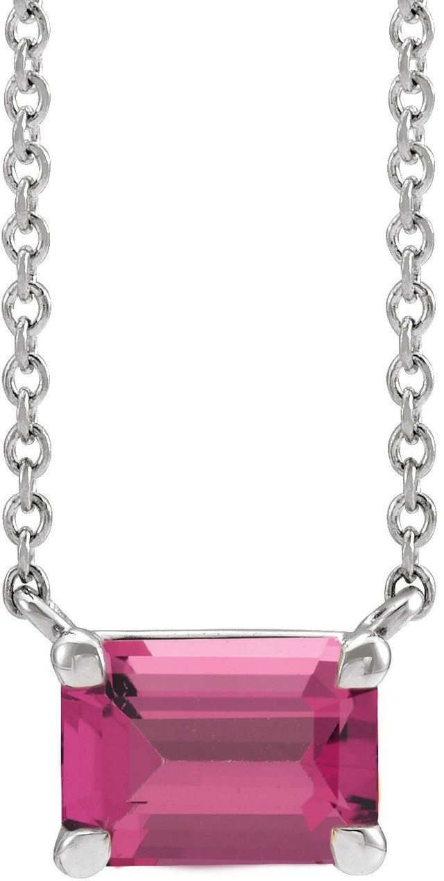 14K Gold Natural Pink Tourmaline Emerald Claw-Prong Solitaire Necklace - White Gold