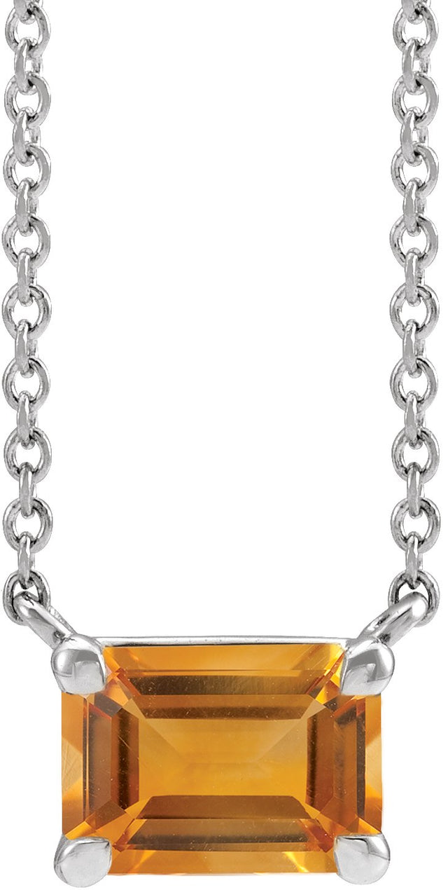 14K Gold Natural Citrine Emerald Claw-Prong Solitaire Necklace - White Gold